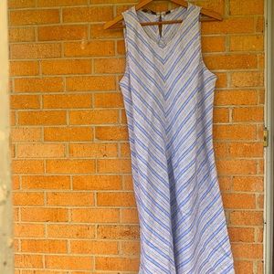 Lands End Women L Tall Linen Striped Dress Midi Pastel Blue Beige Breathable